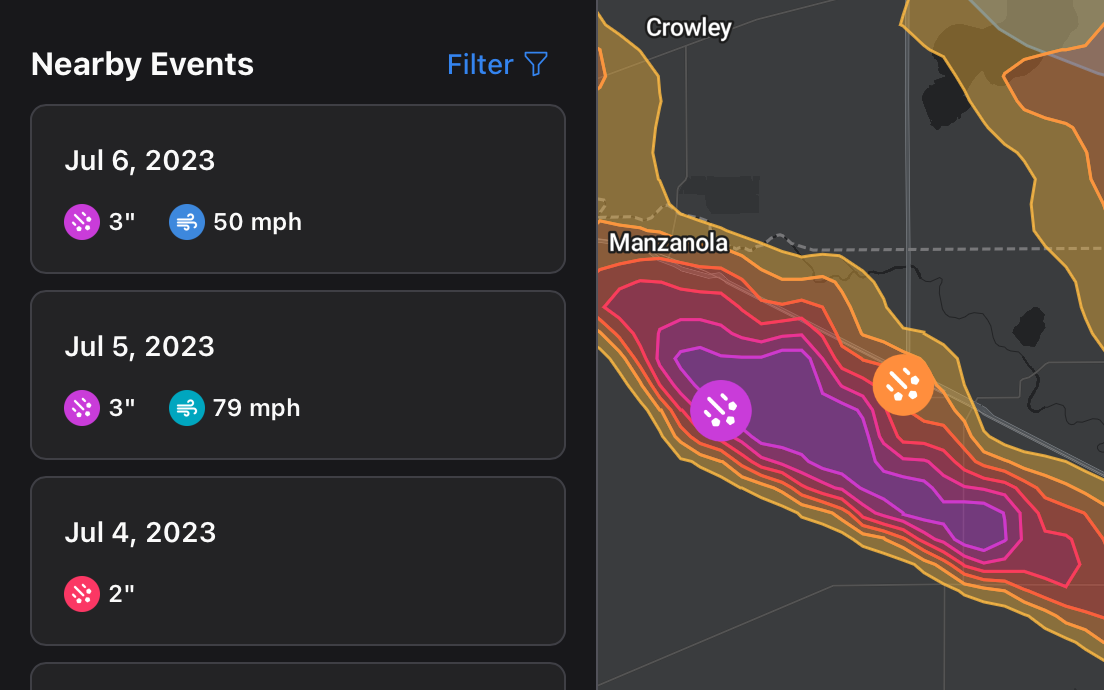 Storm date panel listing historical storm events for a location