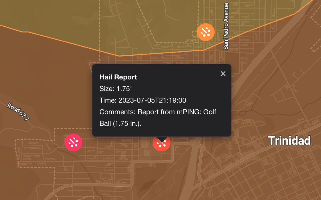 Storm report pins overlaid on the map alongside radar swaths