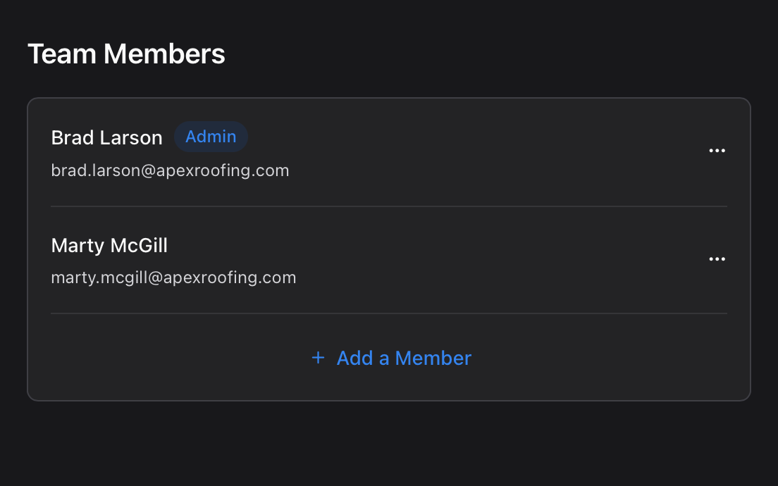Company team management dashboard